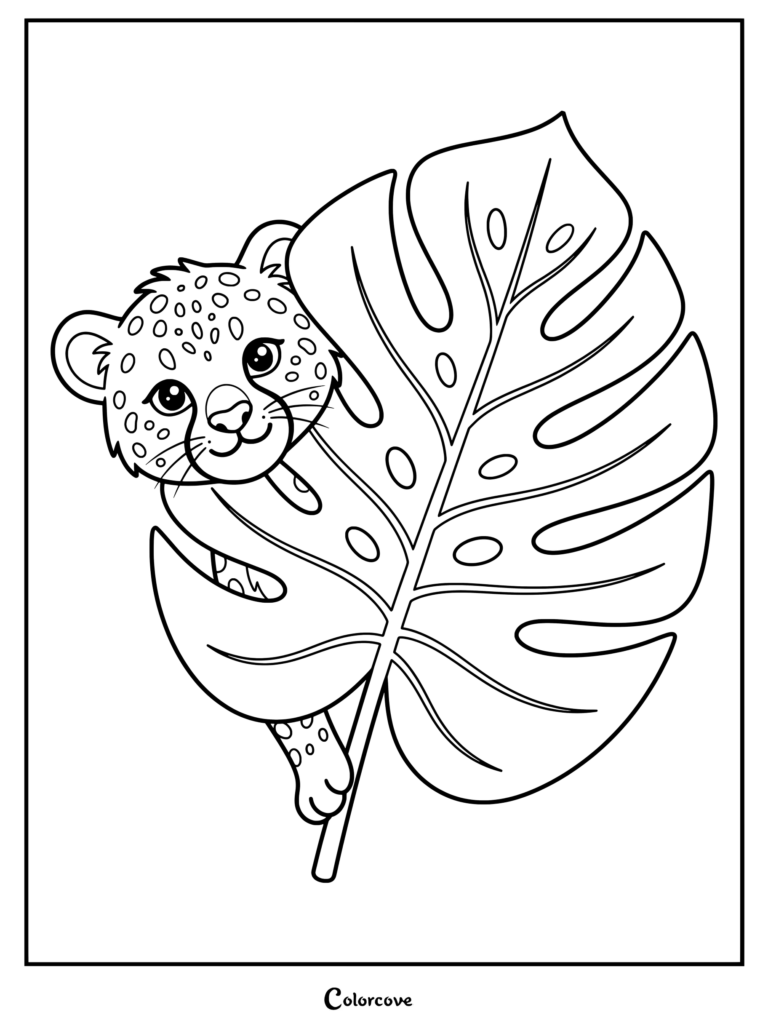 Un lindo cachorro de guepardo con manchas asomándose detrás de una gran hoja tropical en este encantador dibujo para colorear.