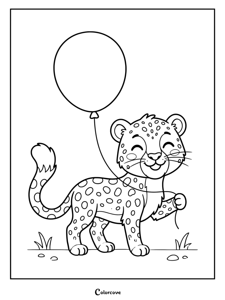 Un alegre guepardo sosteniendo el hilo de un globo en este dibujo para colorear imprimible.