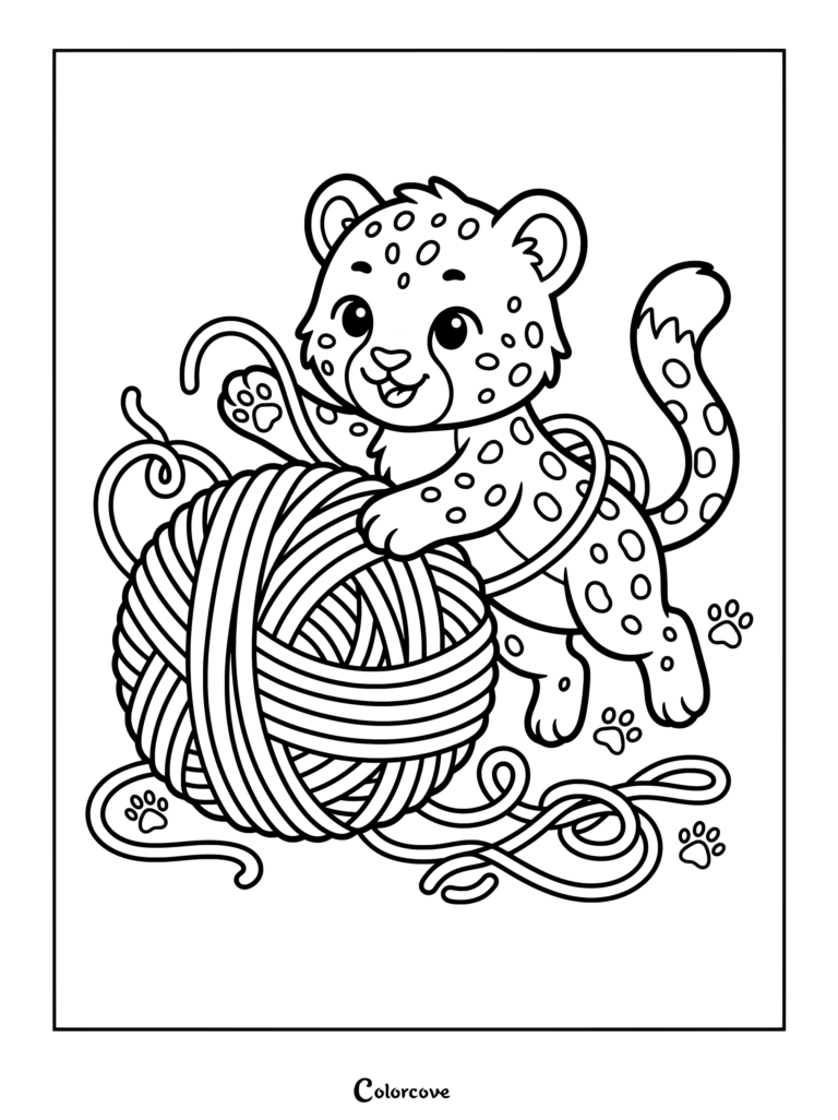 Lindo cachorro de guepardo jugando con un gran ovillo de lana, dibujo para colorear