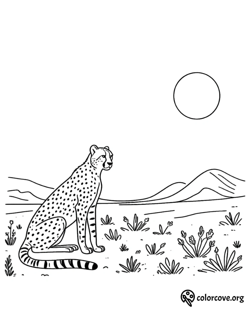 a black and white drawing of a cheetah sitting in a desert