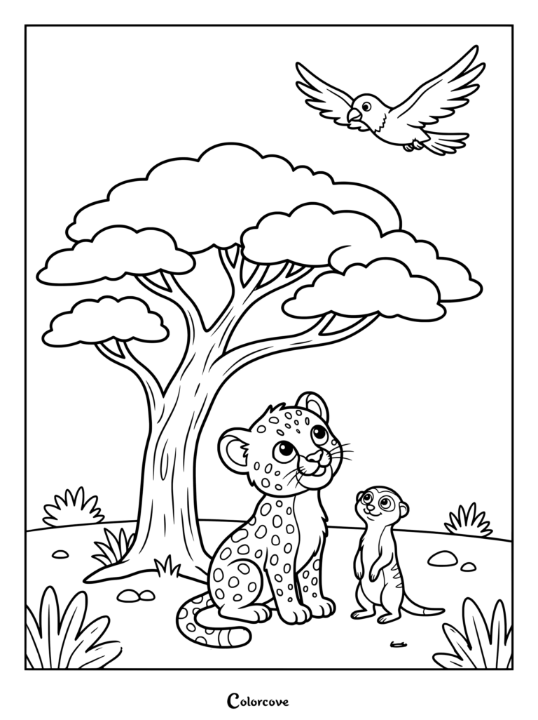 Dibujo para colorear de guepardo que presenta a un lindo cachorro de guepardo sentado con un suricato debajo de un árbol mientras un pájaro vuela por encima