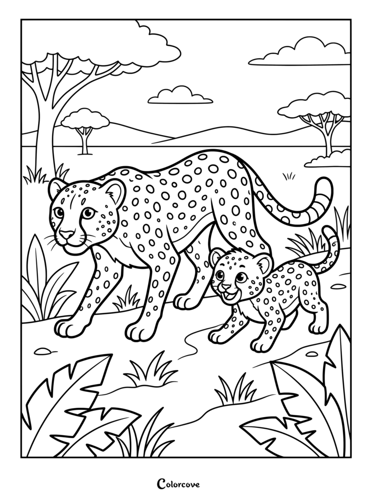 Una madre guepardo caminando con su juguetón cachorro de guepardo en la sabana, dibujo para colorear.