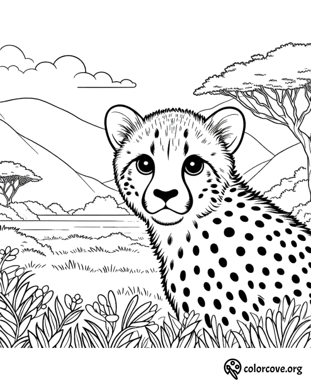 a black and white drawing of a cheetah