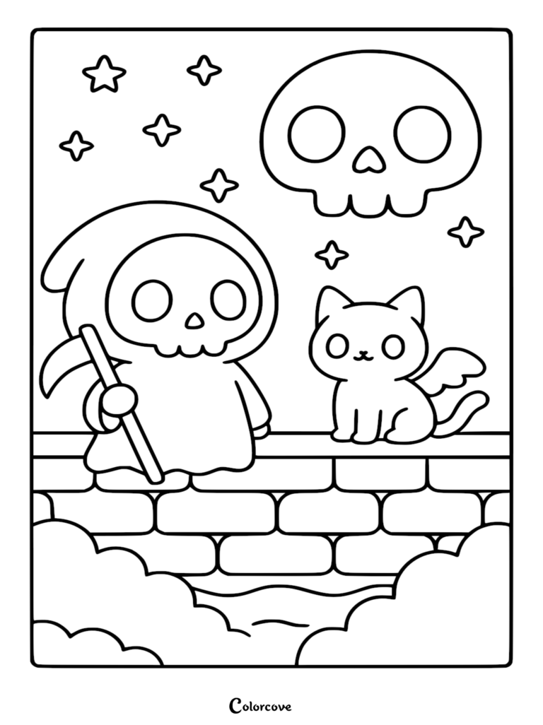 A cute Chibi Grim Reaper holding a scythe next to a small winged cat on a brick wall, under a large floating skull and starry sky coloring page.