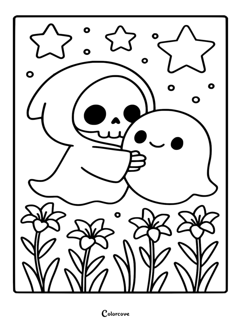 A printable chibi Grim Reaper coloring page showing a hooded skull character hugging a friendly round ghost under a starry night sky with blooming lilies.