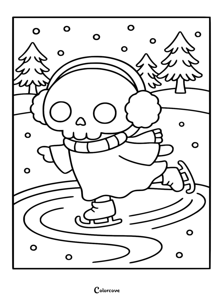 A cute chibi Grim Reaper wearing earmuffs and a scarf while ice skating on a frozen pond, featuring a winter forest background in this printable coloring page.