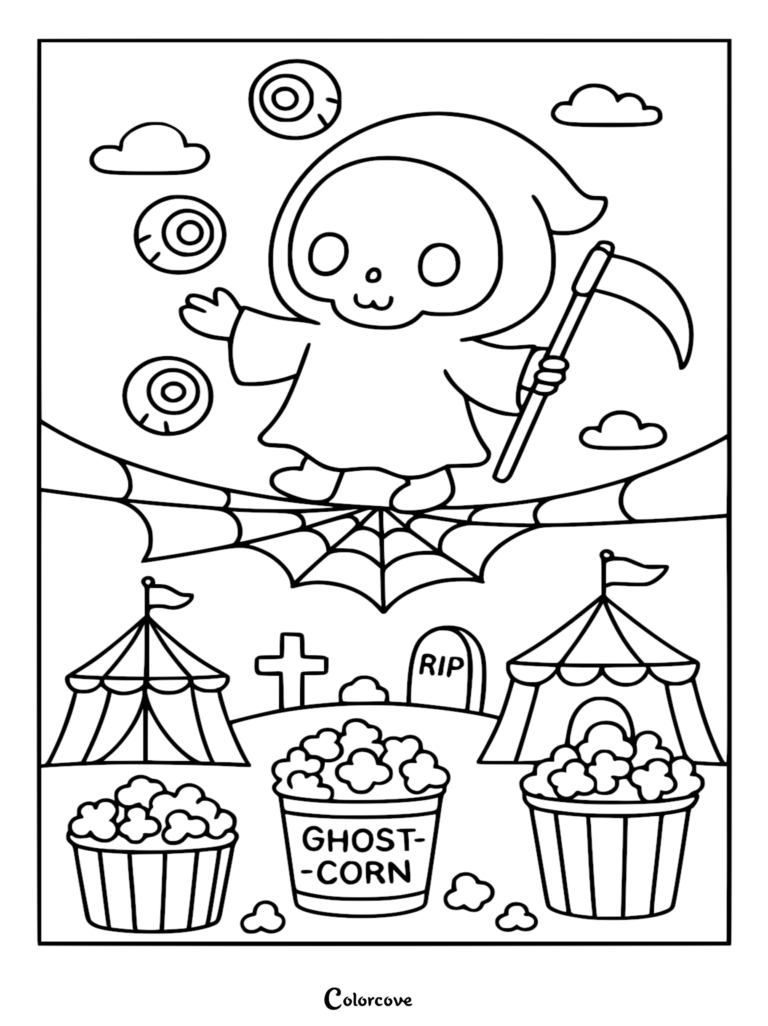 A cute Chibi Grim Reaper balancing on a spider web above a graveyard carnival with popcorn buckets, tombstones, and juggling eyeballs coloring page.