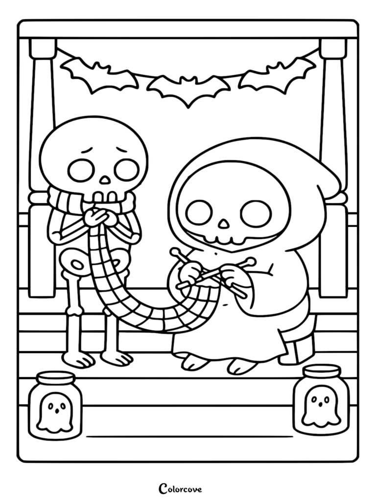 A cute Chibi Grim Reaper knitting a scarf with a skeleton friend, featuring hanging bats and ghost jars in a coloring page.