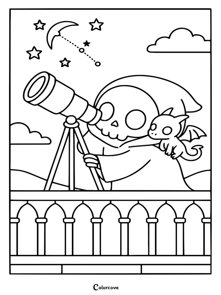 Chibi Grim Reaper looking through a telescope with a small dragon on its shoulder in this starry night sky coloring page.