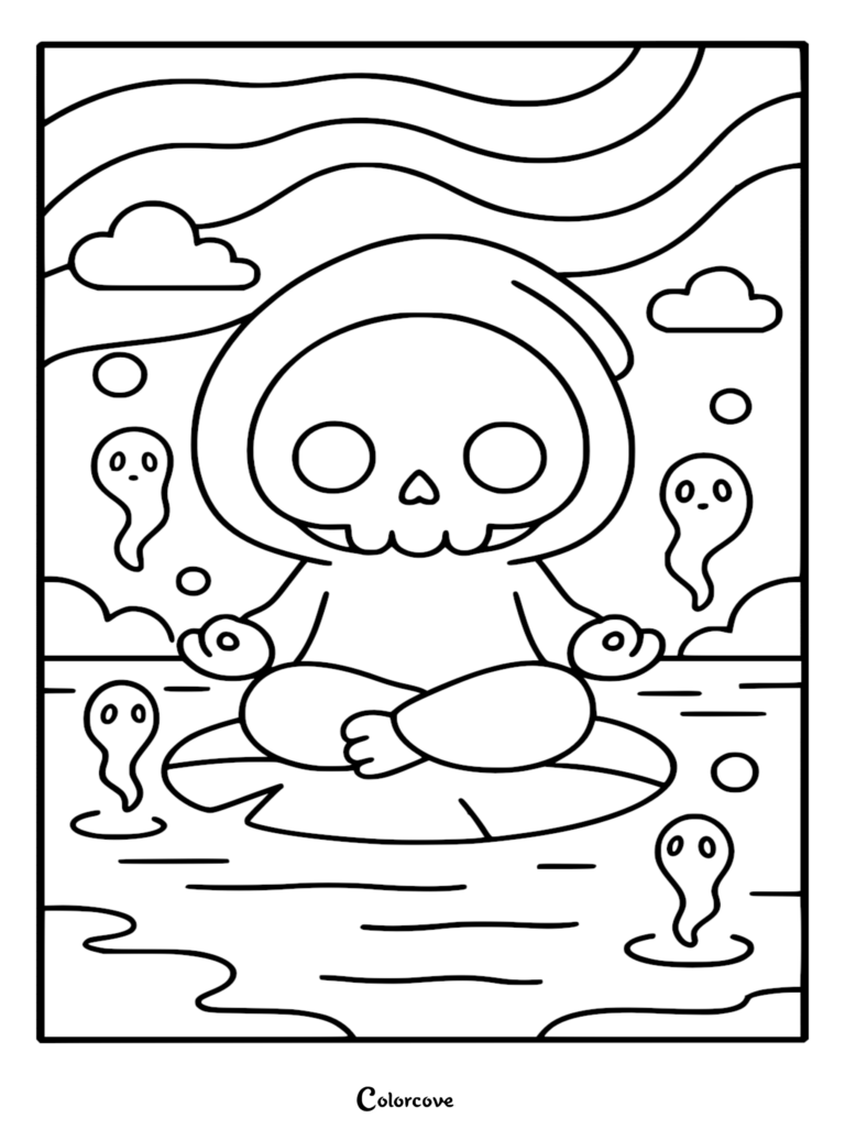 A cute chibi Grim Reaper meditating in a lotus pose on a large lily pad, surrounded by small floating spirits, available as a printable coloring page.