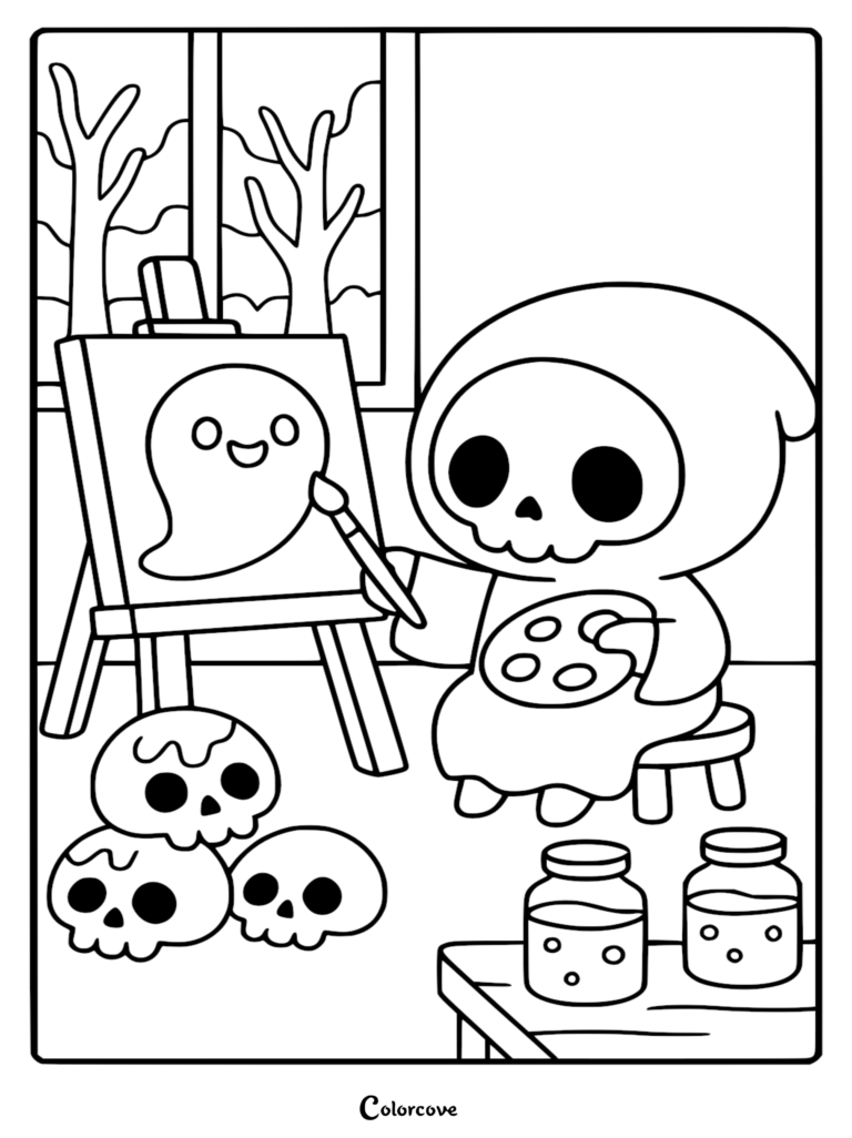 A cute Chibi Grim Reaper sitting on a stool painting a smiling ghost on a canvas, surrounded by skulls and art supplies in a coloring page format.