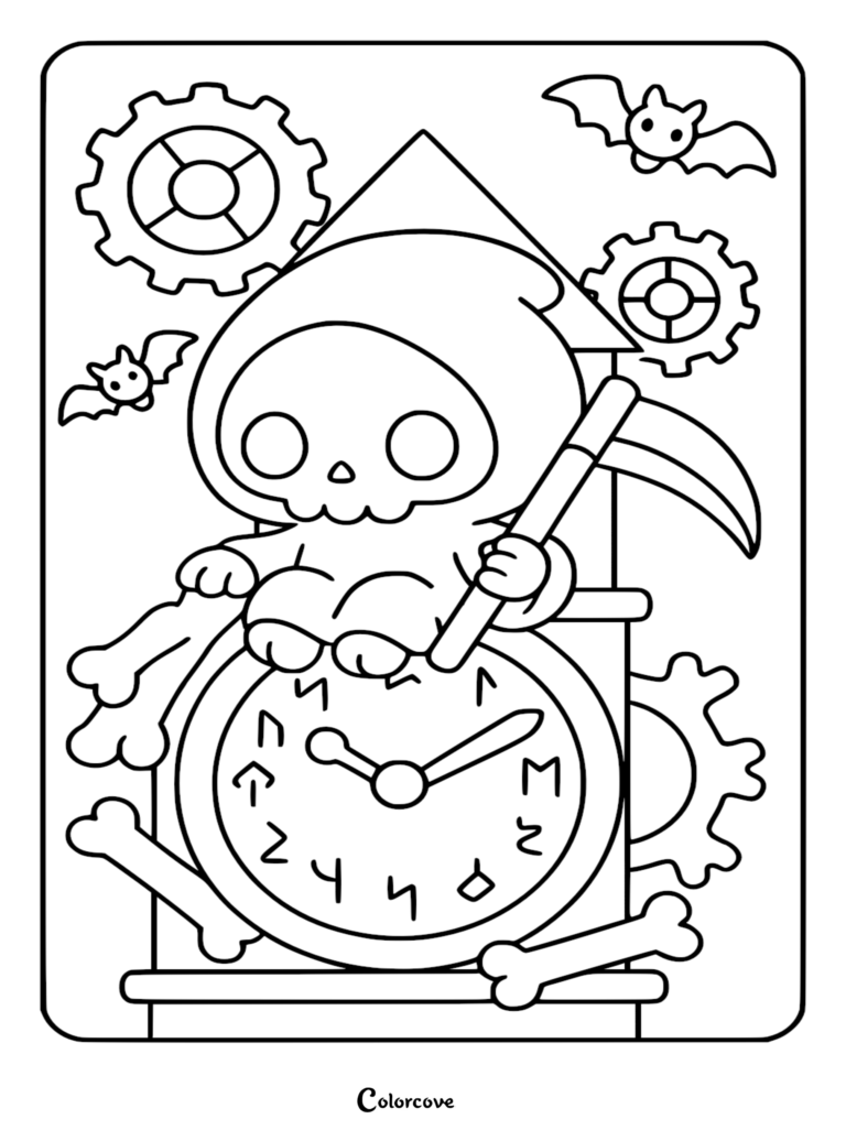 Chibi Grim Reaper holding a scythe, sitting on a grandfather clock decorated with gears, bones, and flying bats, black and white coloring page.