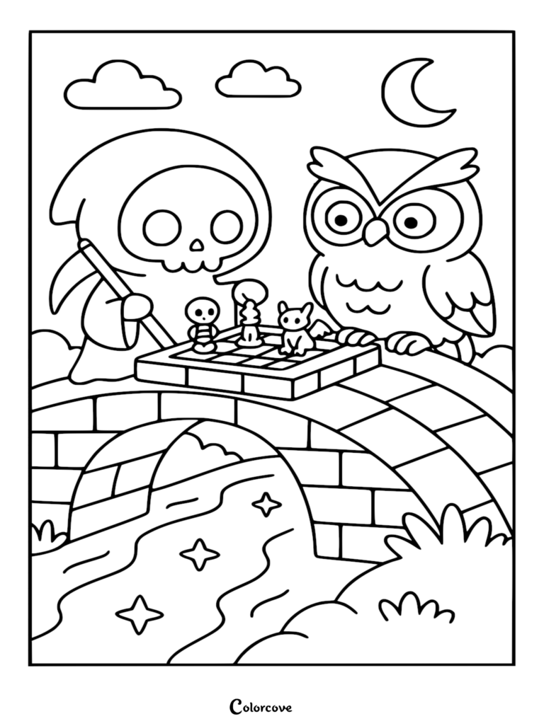 Chibi Grim Reaper playing a chess game against a cute owl on a stone bridge, digital line art coloring page.