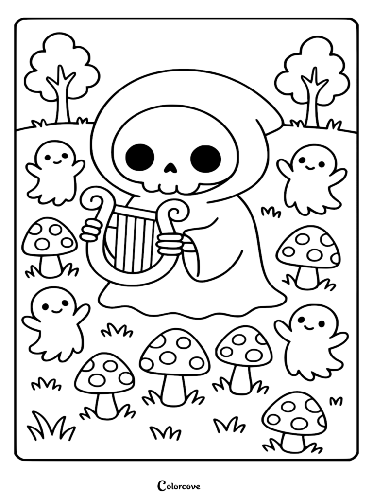 A cute Chibi Grim Reaper playing a small lyre, surrounded by happy ghosts and polka-dot mushrooms, printable coloring page.