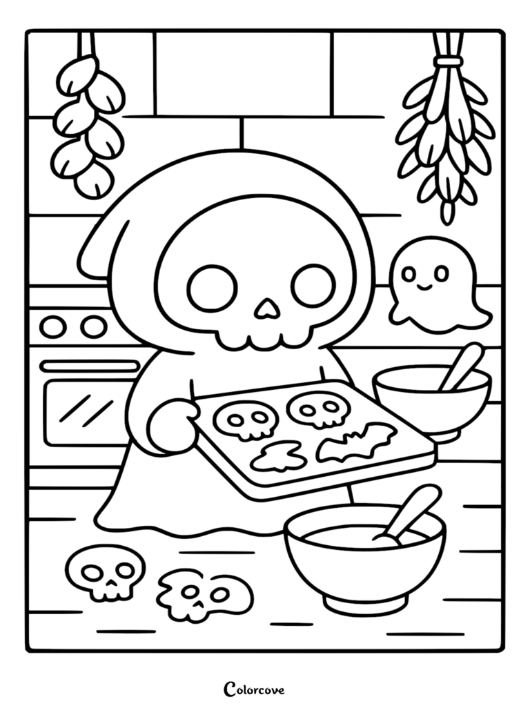 Chibi Grim Reaper character holding a tray of skull and bat cookies in a kitchen, accompanied by a small ghost, line art coloring page.