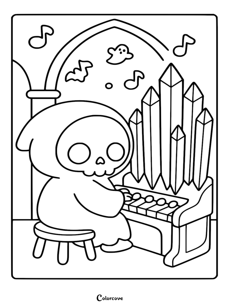 A cute chibi Grim Reaper character sitting on a stool playing a large pipe organ in this printable coloring page featuring musical notes, a small ghost, and a bat.