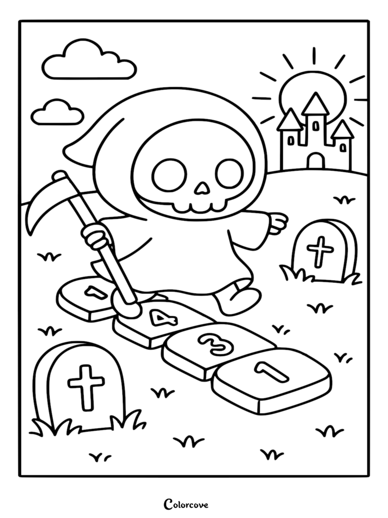 A cute chibi Grim Reaper holding a scythe while playing hopscotch in a graveyard, featuring numbered stones, tombstones, and a spooky castle, printable coloring page.