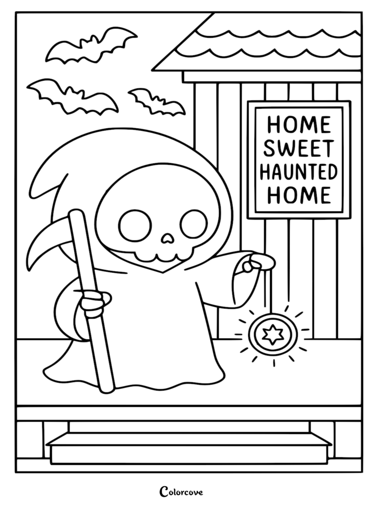 A cute Chibi Grim Reaper holding a scythe and a glowing star ornament in front of a house with a Home Sweet Haunted Home sign and flying bats in this printable coloring page.