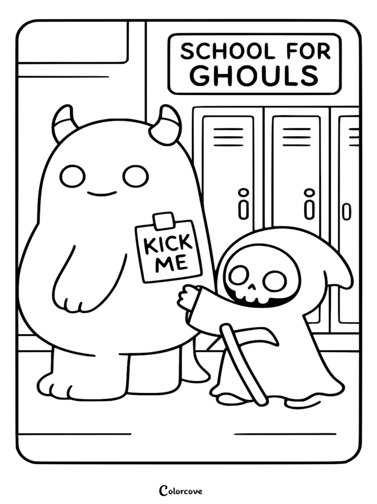 A cute Chibi Grim Reaper standing next to a horned monster wearing a Kick Me sign in front of school lockers, printable coloring page.