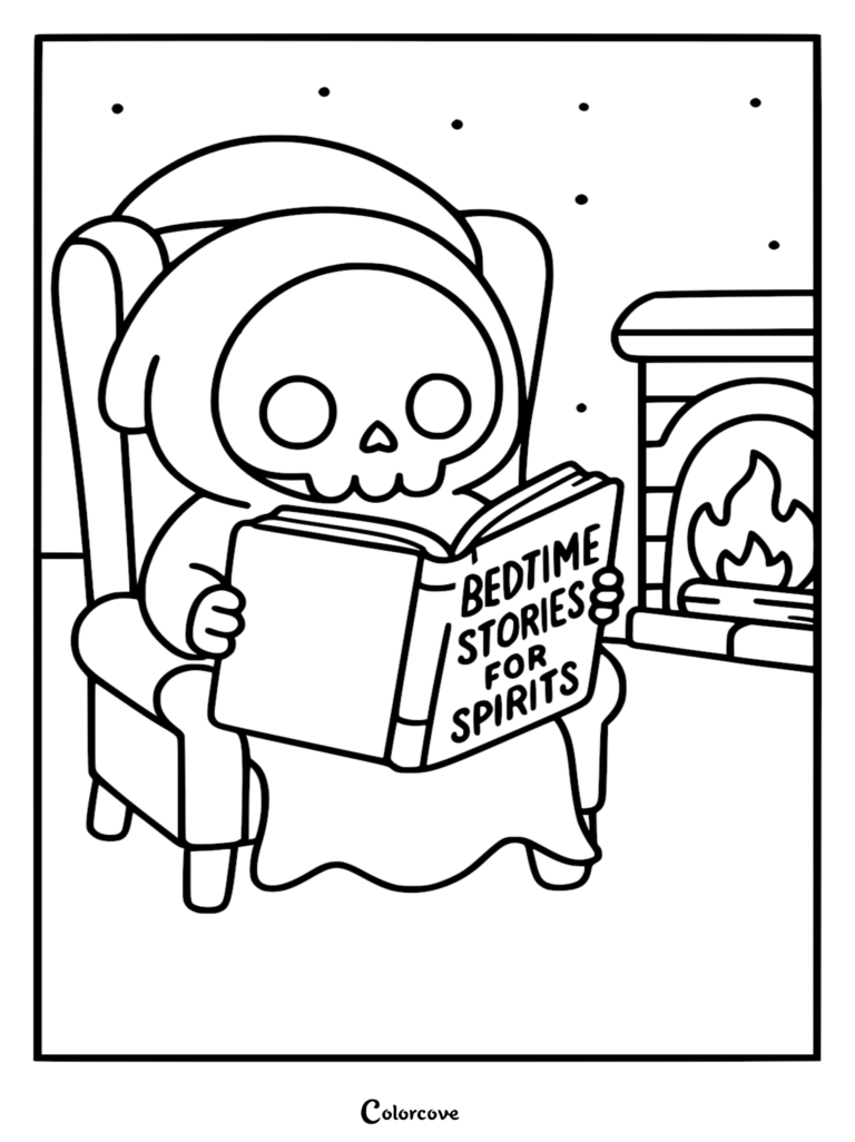 A cute Chibi Grim Reaper sitting in an armchair reading a book titled Bedtime Stories for Spirits by a cozy fireplace, printable coloring page.