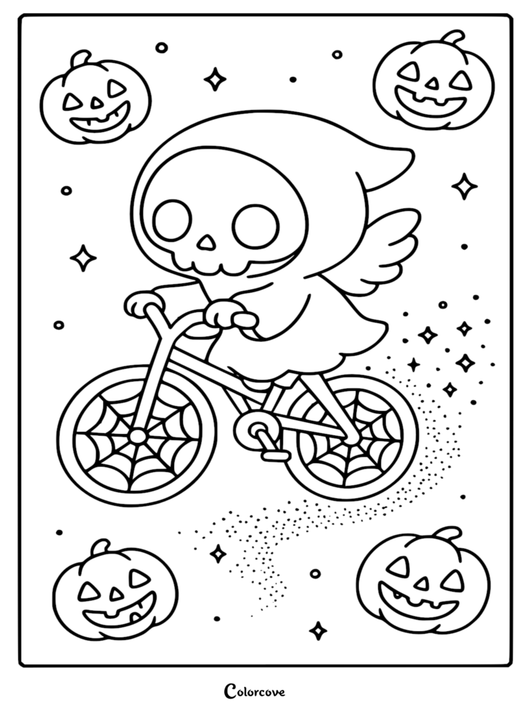 Chibi Grim Reaper riding a bicycle with spiderweb wheels surrounded by floating jack-o-lanterns and sparkles in a printable coloring page.
