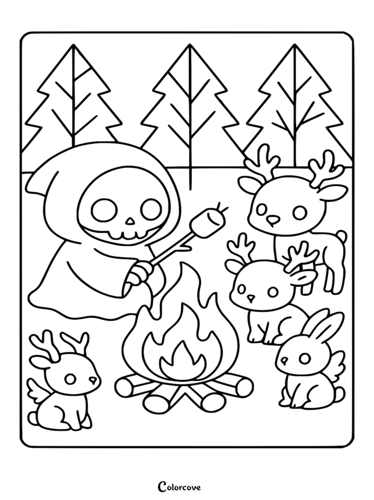 A cute Chibi Grim Reaper roasting a marshmallow over a campfire surrounded by small deer and a rabbit in a forest coloring page.