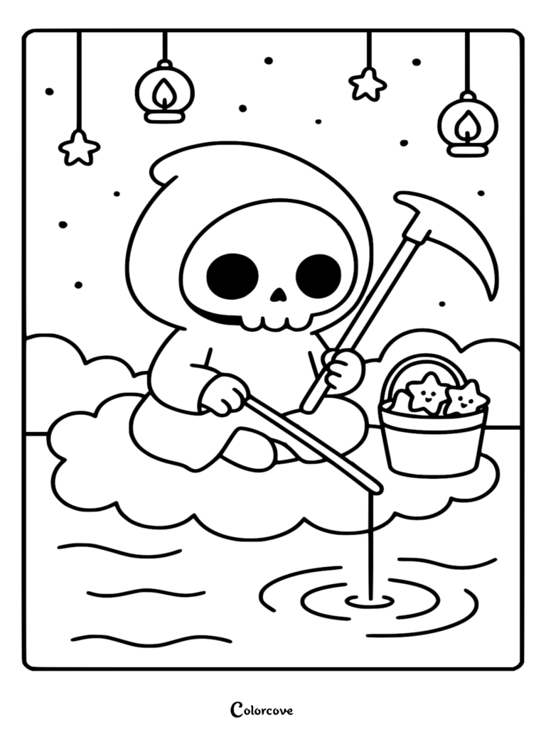A cute Chibi Grim Reaper sitting on a cloud while fishing with a scythe, near a bucket of star-shaped cookies, printable coloring page.