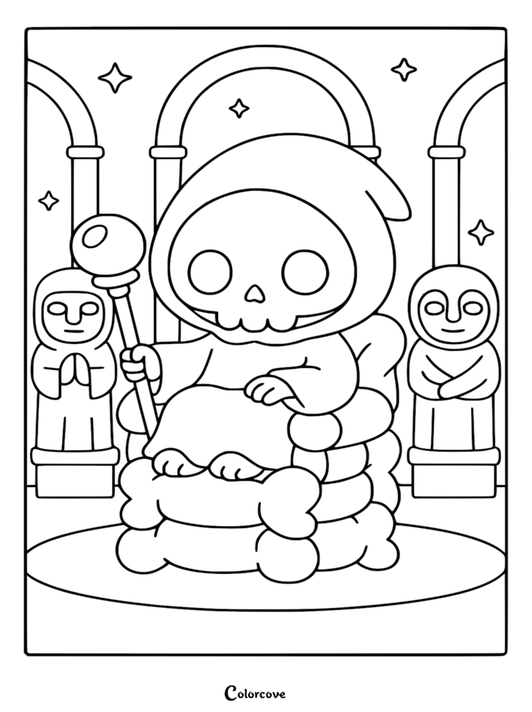 A cute Chibi Grim Reaper sitting on a throne made of bones, holding a staff, flanked by two stone statues under arched pillars in a starry setting, black and white coloring page.