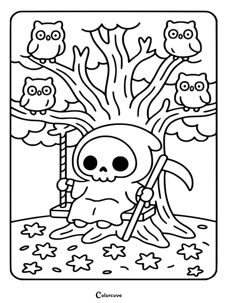 A cute Chibi Grim Reaper with a scythe sitting on a wooden swing under a tree with four owls, printable coloring page.