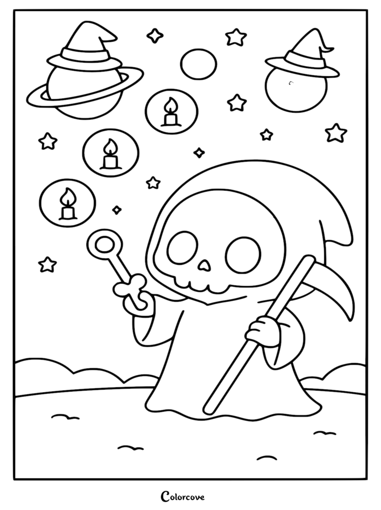 A cute chibi Grim Reaper coloring page holding a scythe and blowing bubbles shaped like candles under a starry space sky with planets wearing witch hats.