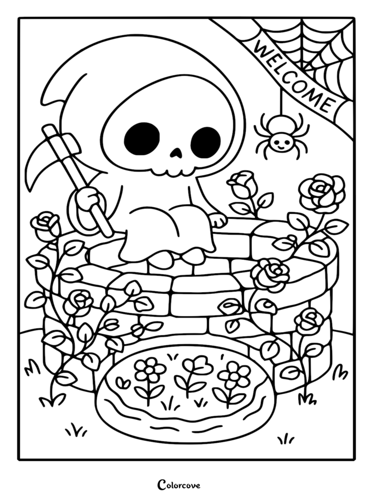 A cute chibi Grim Reaper holding a scythe while sitting on a stone wishing well surrounded by roses and a webbed welcome sign in this printable coloring page.