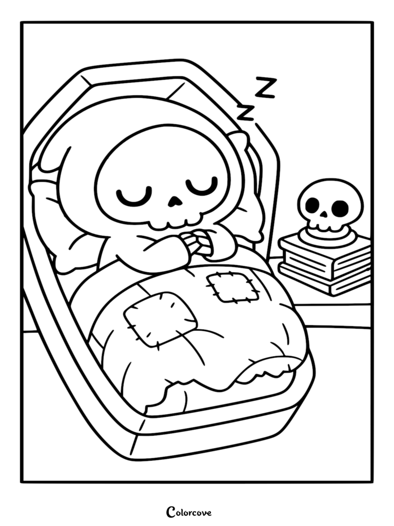A cute Chibi Grim Reaper sleeping peacefully in a coffin under a patchwork quilt, with a small skull resting on stacked books in this printable coloring page.