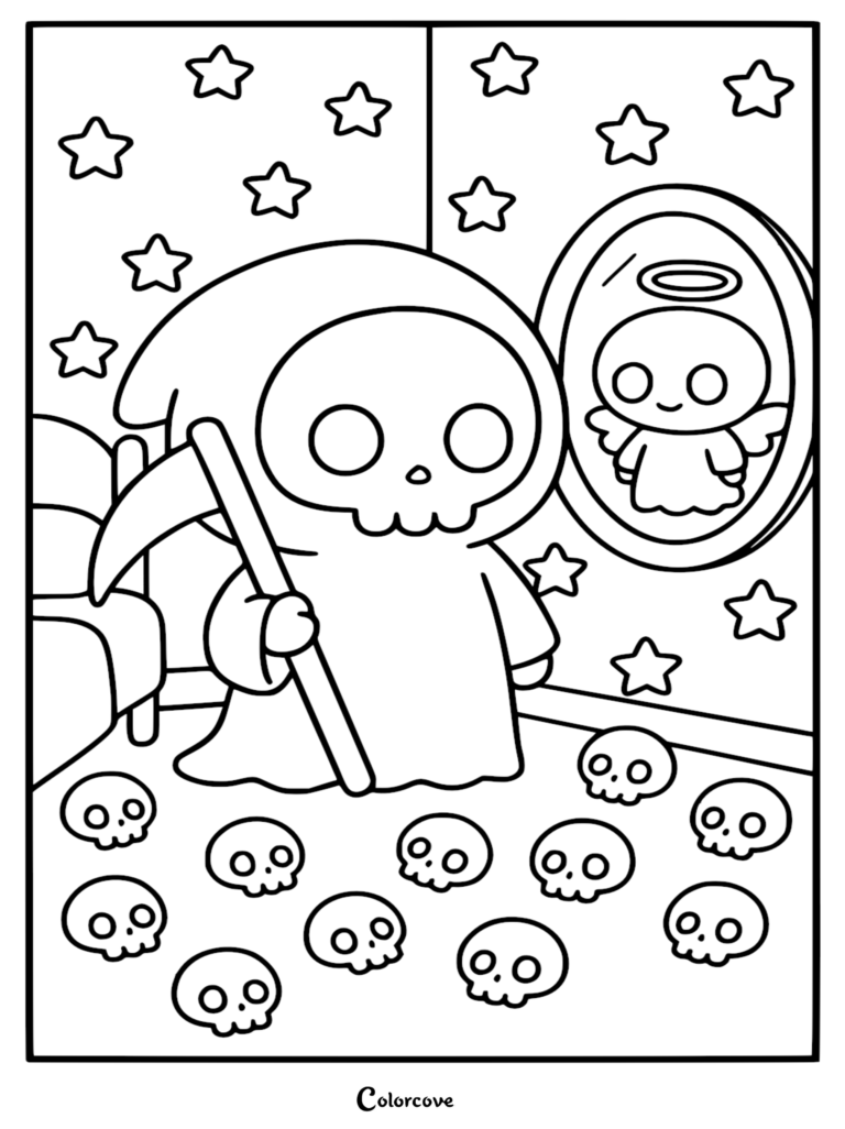 A cute chibi Grim Reaper holding a scythe, standing in a room filled with small skulls and looking into a mirror reflecting an angel, available as a printable coloring page.
