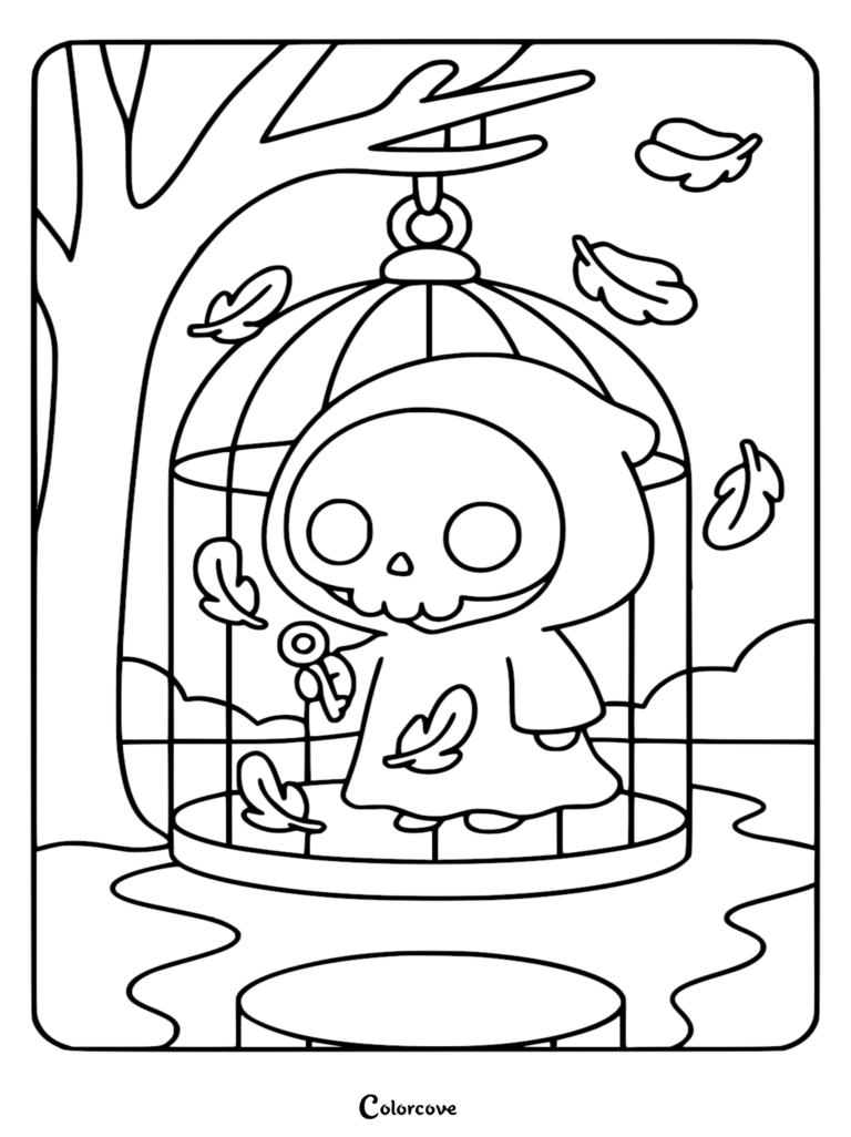 A cute Chibi Grim Reaper holding a key inside a hanging birdcage surrounded by falling feathers, a coloring page for kids.