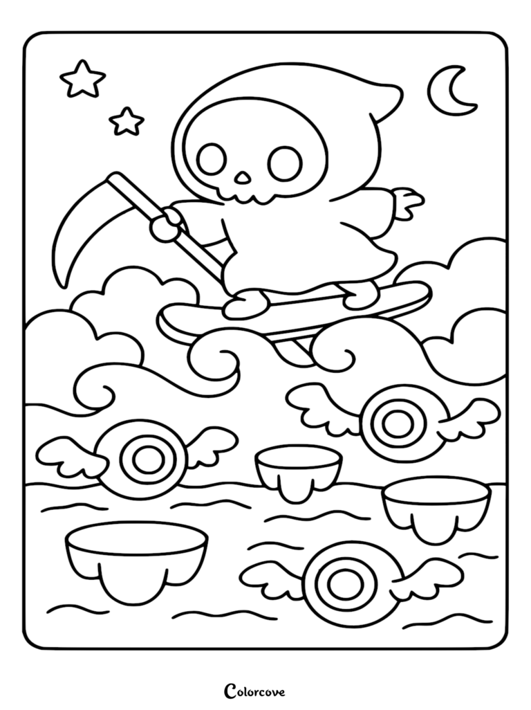 A cute Chibi Grim Reaper with a scythe surfing on a cloud, surrounded by flying winged eyeballs and stars, a printable coloring page.