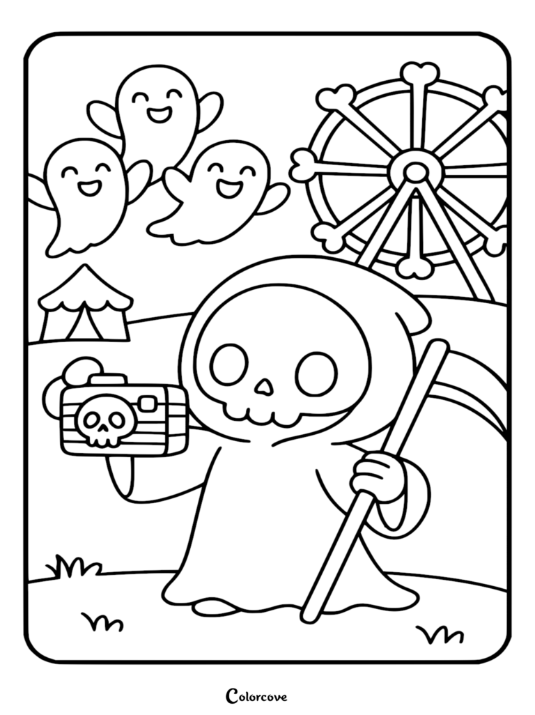 Chibi Grim Reaper holding a camera with three smiling ghosts and a bone-themed ferris wheel in the background as a printable coloring page.