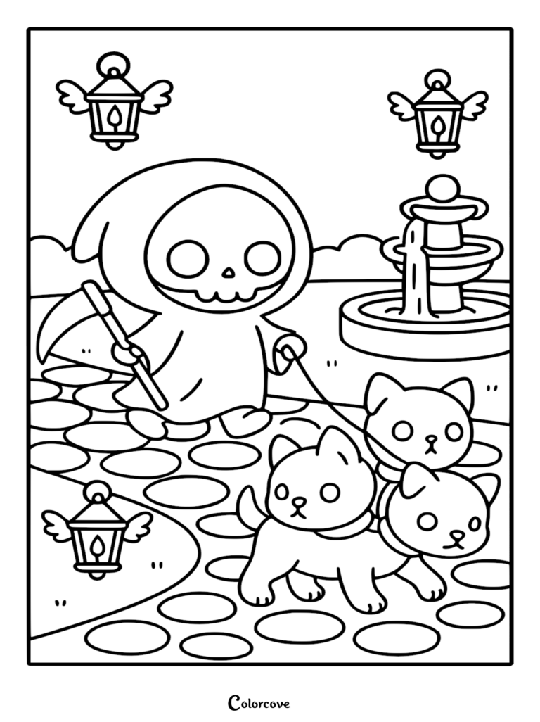 A cute Chibi Grim Reaper holding a scythe walking a three-headed puppy on a leash near a fountain, available as a printable coloring page.