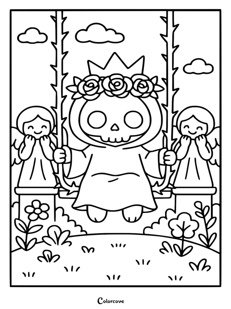 Chibi Grim Reaper wearing a crown and floral wreath sitting on a thorny swing, flanked by two happy angels in a garden coloring page.