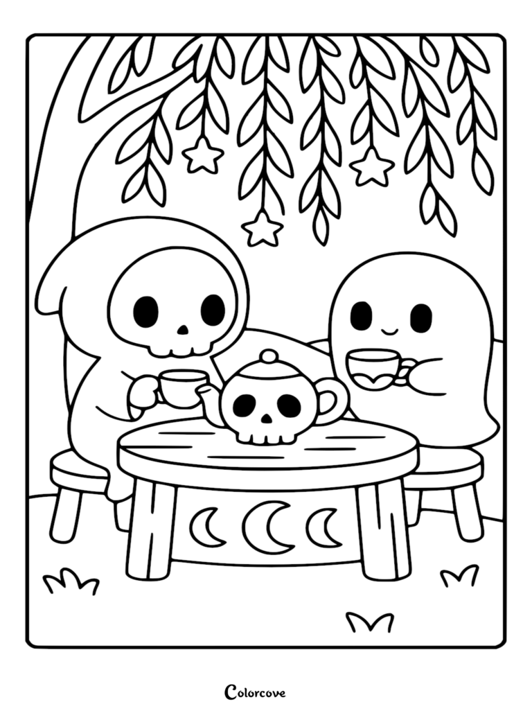 A cute Chibi Grim Reaper and a small ghost having a tea party with a skull-shaped teapot, under a willow tree with star charms, printable coloring page.