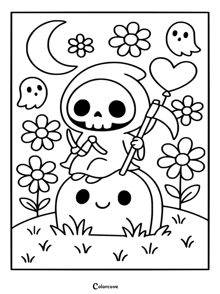 Chibi Grim Reaper holding a heart-shaped scythe sits on a happy tombstone in a meadow with flowers, moon, and ghosts in this printable coloring page.