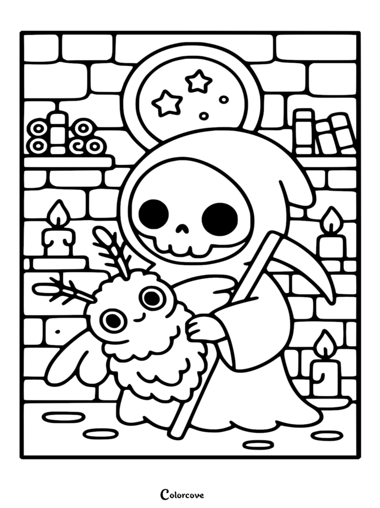A cute chibi Grim Reaper holding a fluffy moth creature in a brick room with candles, a circular moon window, and books, illustrated as a printable coloring page.