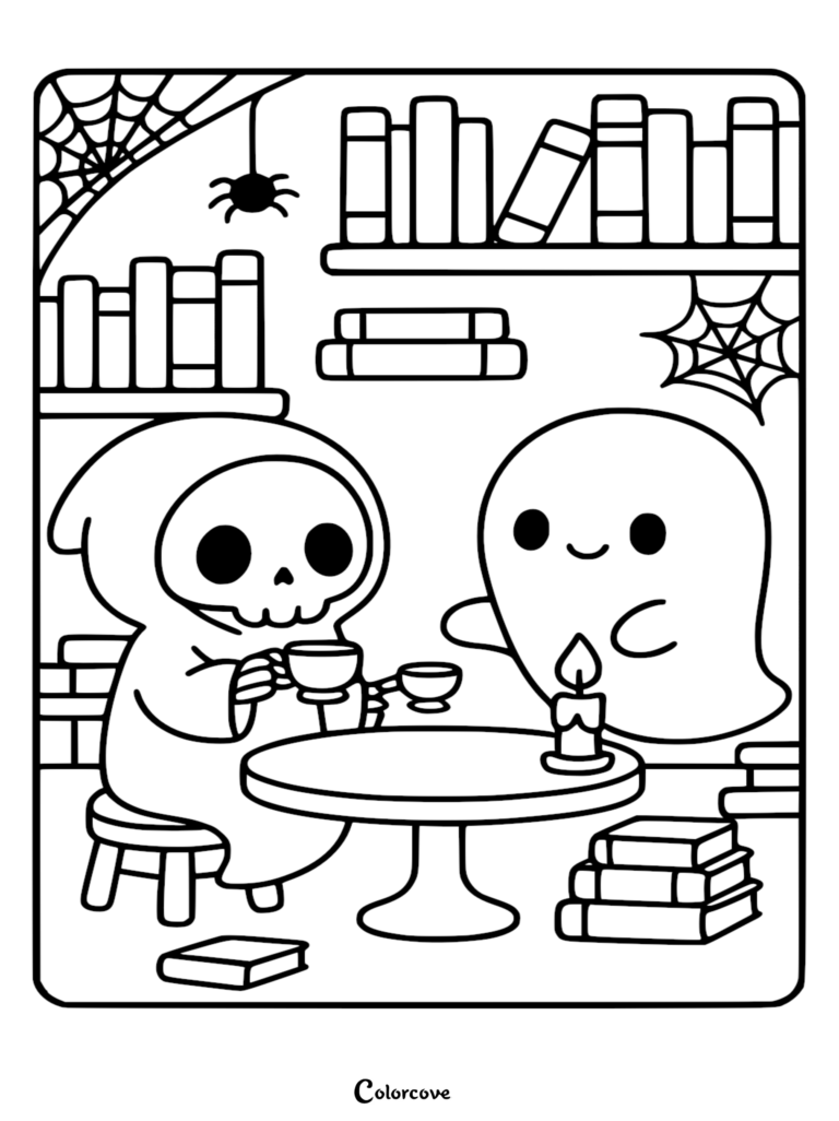 A cute chibi Grim Reaper and a friendly ghost sitting at a small table having tea in a spooky library, black and white coloring page.