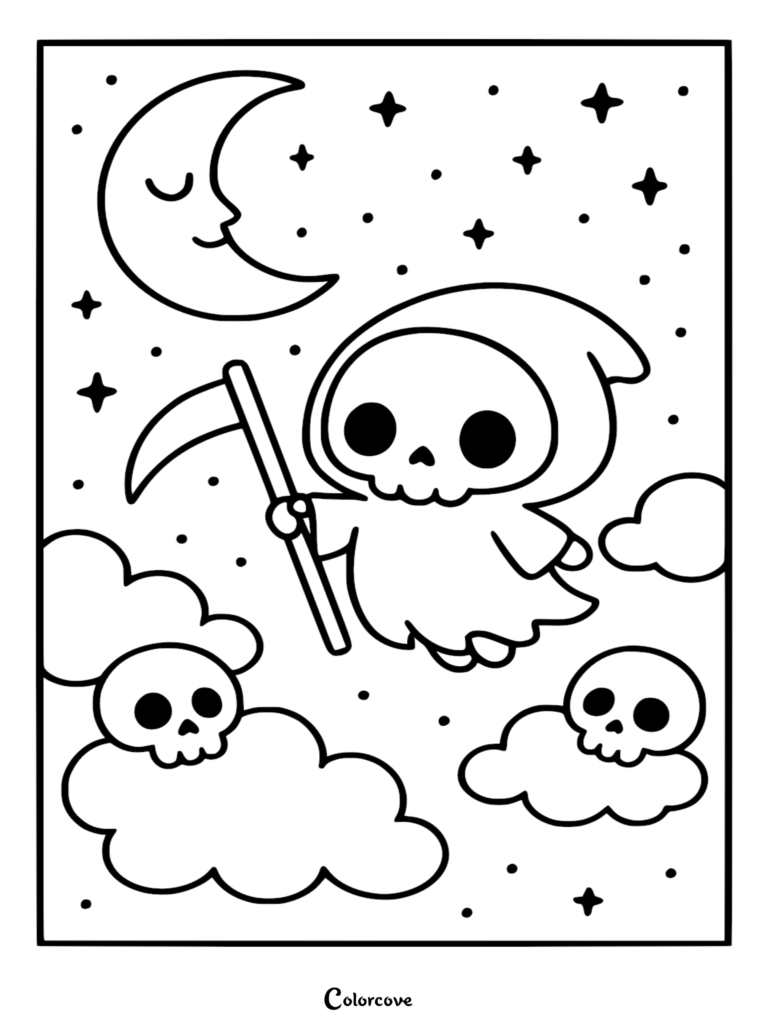 A cute Chibi Grim Reaper holding a scythe, floating among clouds, stars, and a smiling crescent moon, in a clean line art coloring page style.