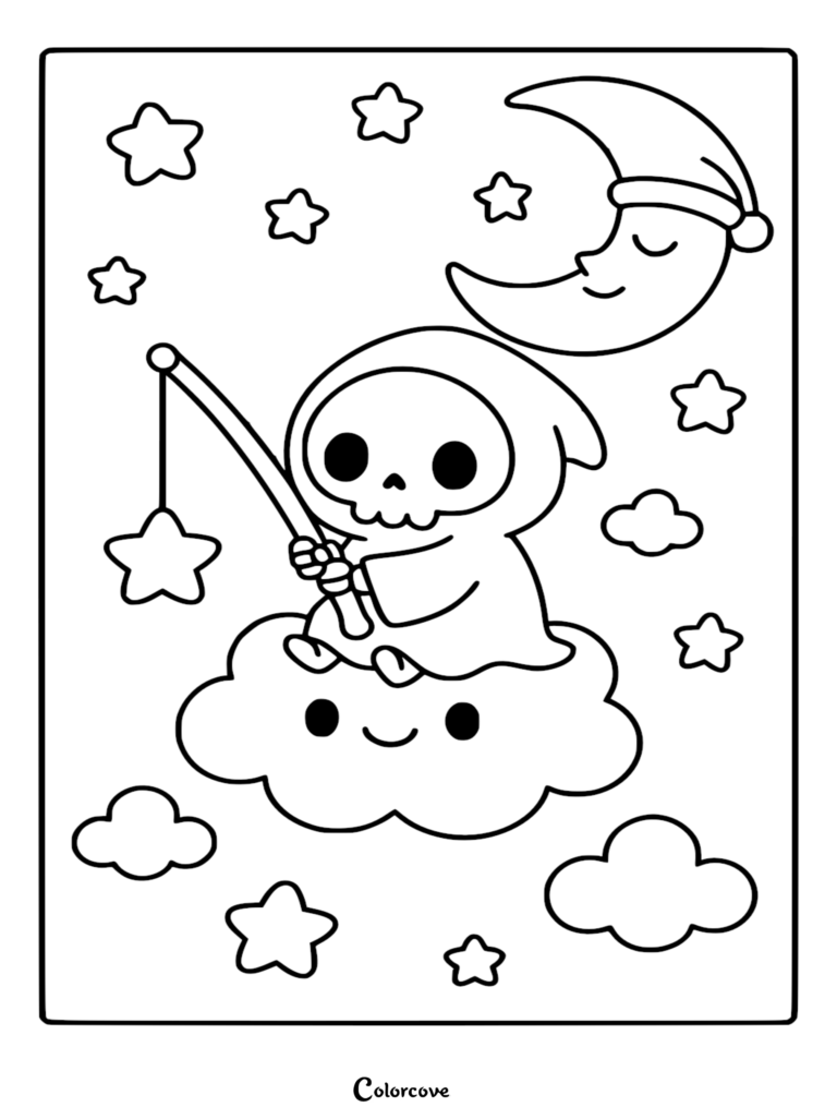 Chibi Grim Reaper sitting on a happy cloud, fishing for a star with a crescent moon in the background, coloring page.