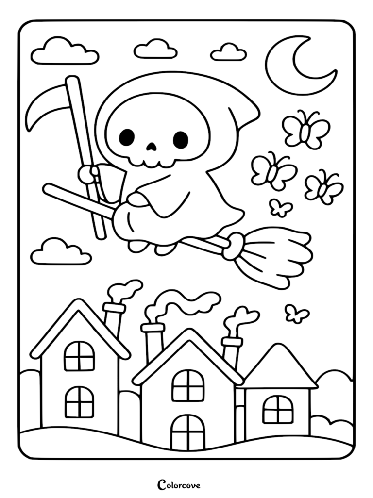 Cute Chibi Grim Reaper holding a scythe while riding a broomstick over a village with chimneys, accompanied by butterflies under a crescent moon in this line art coloring page.