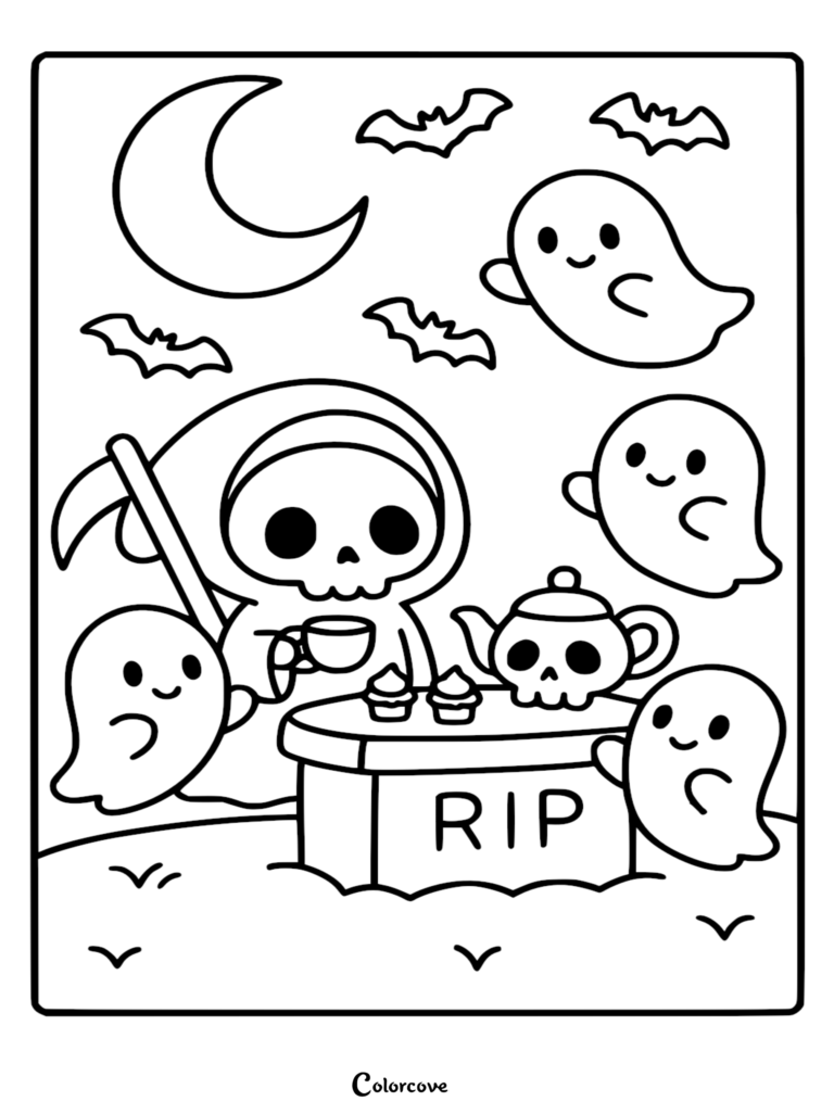 A cute Chibi Grim Reaper drinking tea with three smiling ghosts at a gravestone table under a crescent moon, available as a printable coloring page.