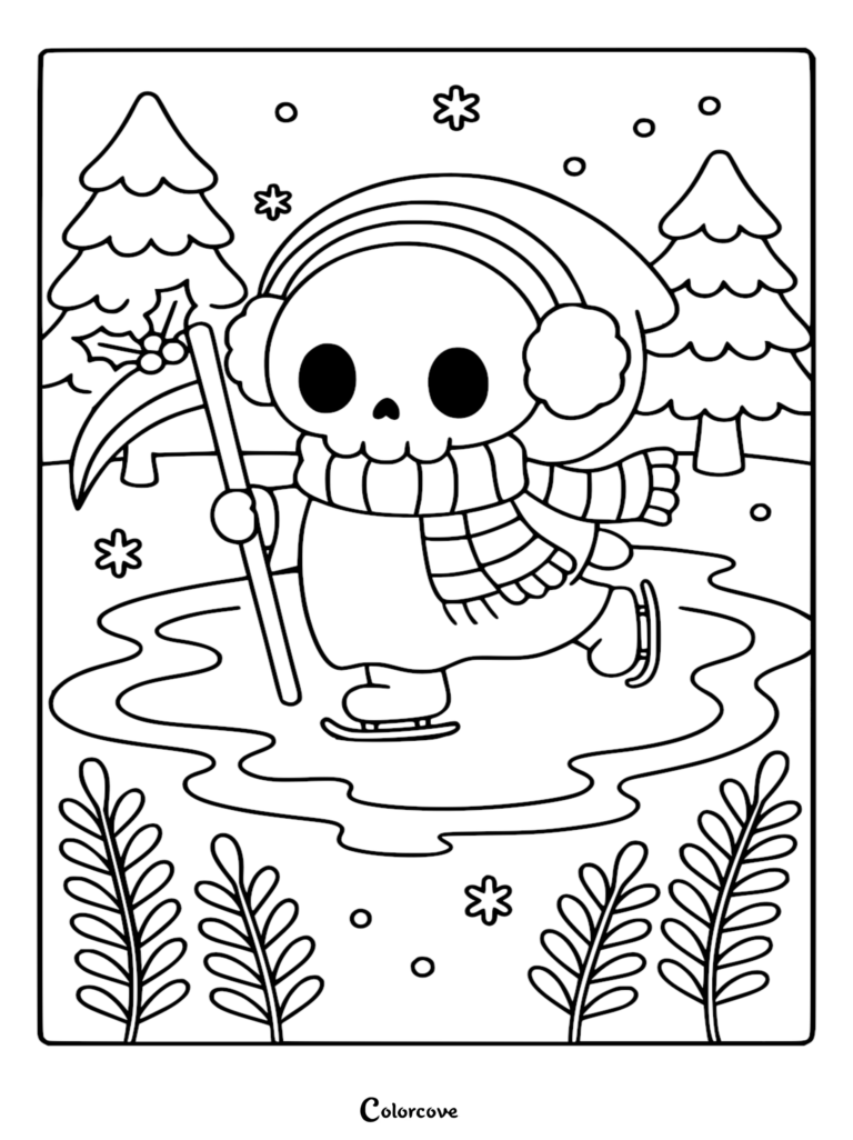 A cute Chibi Grim Reaper wearing a scarf and earmuffs while ice skating, featured in a winter-themed coloring page with pine trees and snowflakes.
