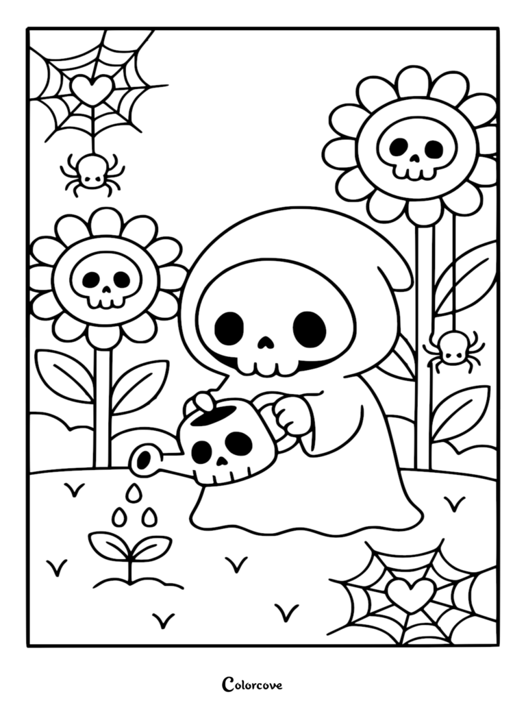 A cute Chibi Grim Reaper using a skull-shaped watering can to nurture a sprout in a garden with heart-shaped spiderwebs and skull flowers, line art coloring page.