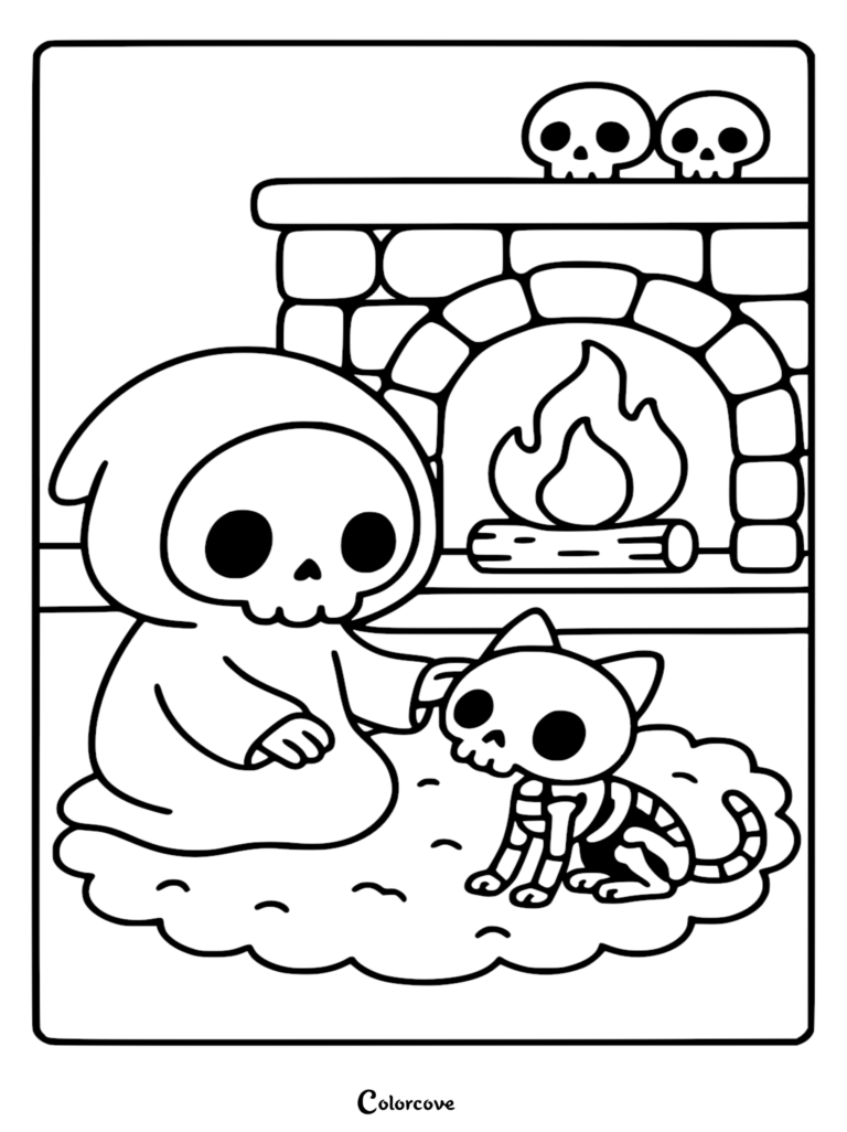 A cute Chibi Grim Reaper sitting on a rug petting a tiny skeleton cat in front of a fireplace, printable line art coloring page.
