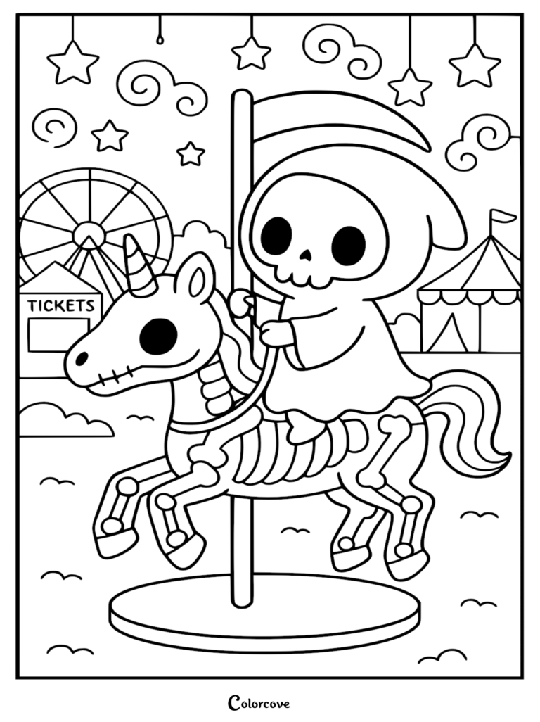 Chibi Grim Reaper riding a skeleton unicorn carousel horse at a carnival, printable coloring page.